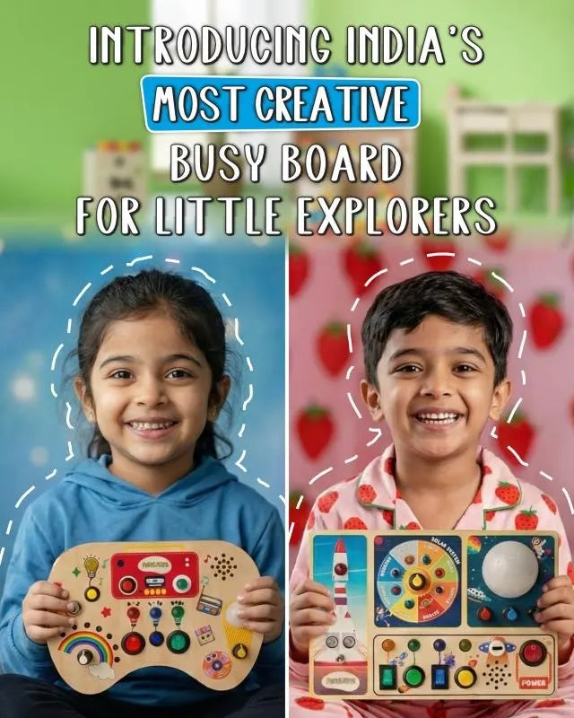 Kids exploring creative wooden busy board for skill development