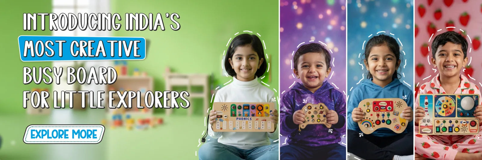 Kids exploring creative wooden busy board for skill development