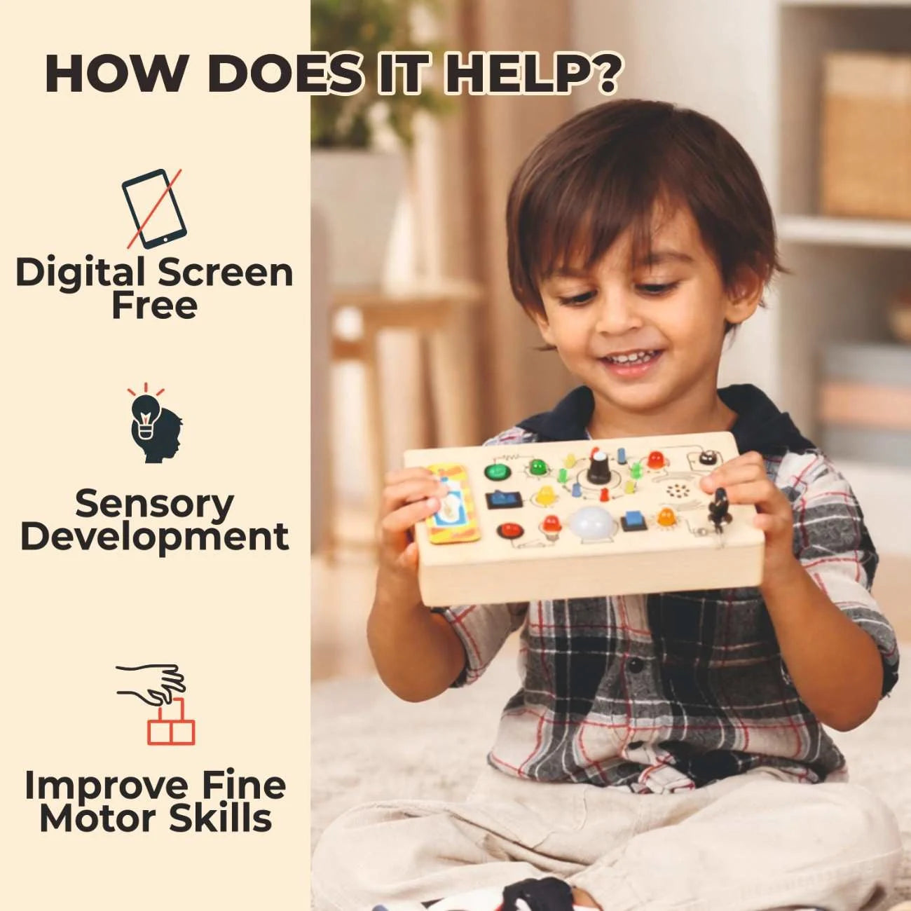 Child playing with Light Lab busy board for sensory development