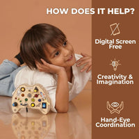 Child playing with wooden fidget pad for sensory development