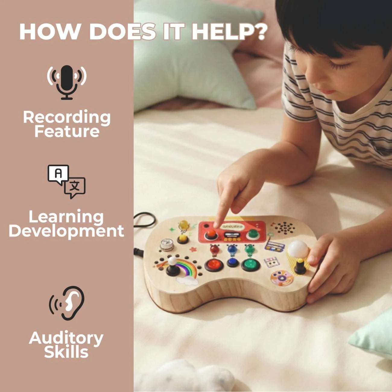 Young child using Montessori Record Pod wooden sensory toy with recording feature to improve learning and auditory skills