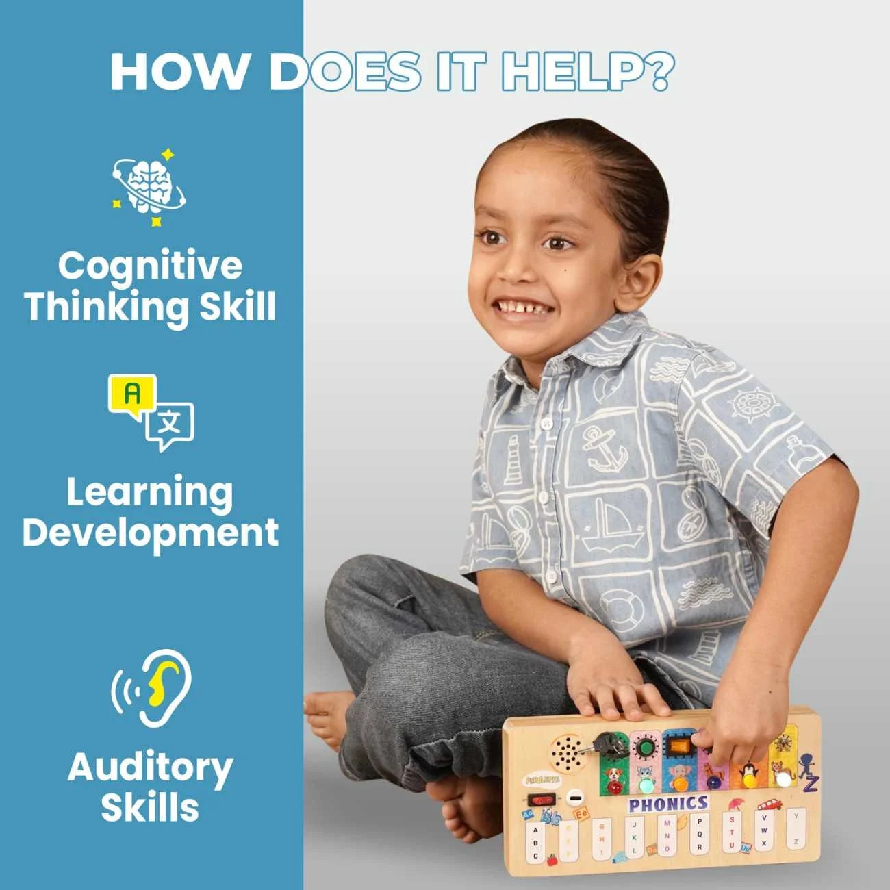 Child using phonics Montessori busy board for learning development