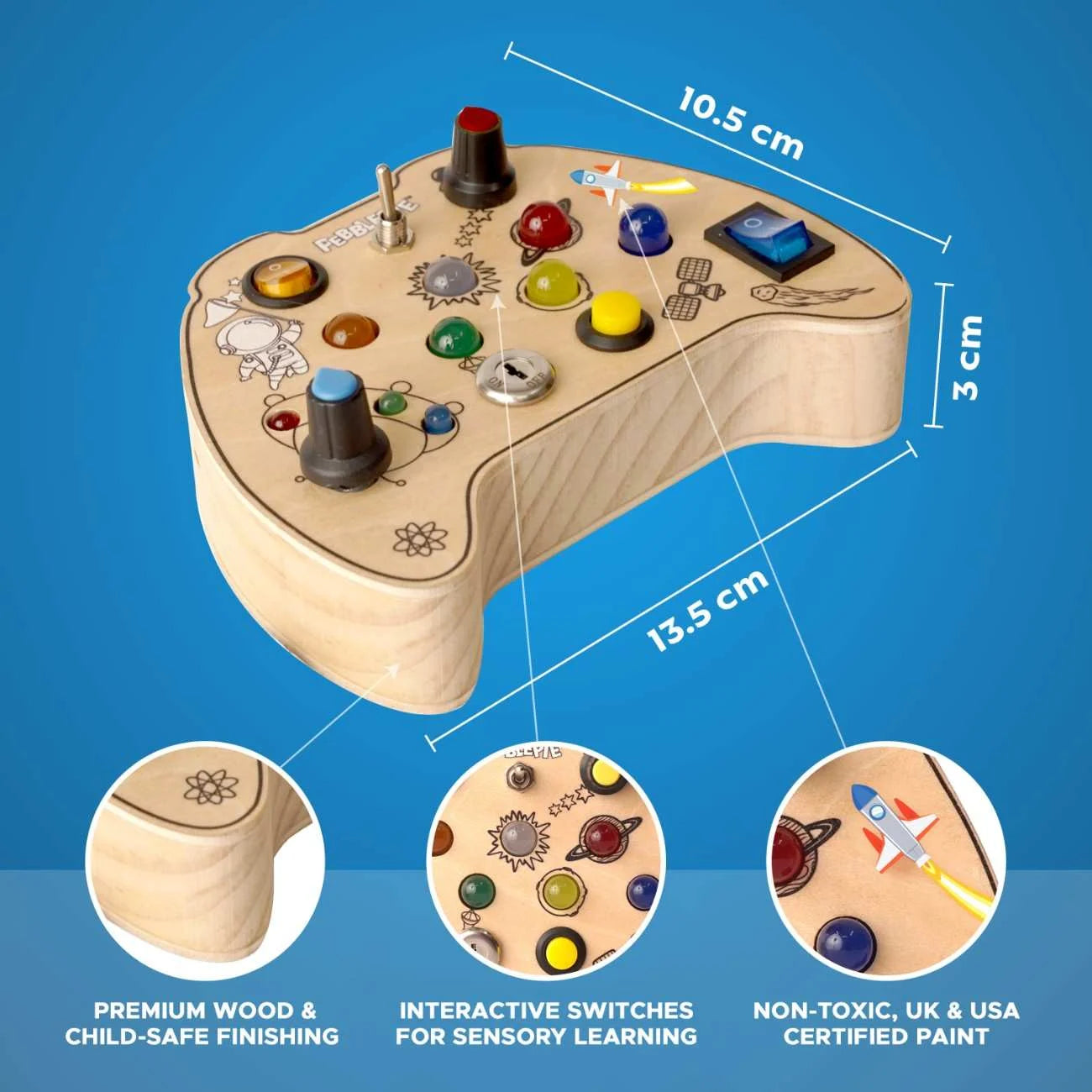 Fidget pad with toggle switch, key lock and rocker buttons