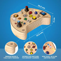 Fidget pad with toggle switch, key lock and rocker buttons