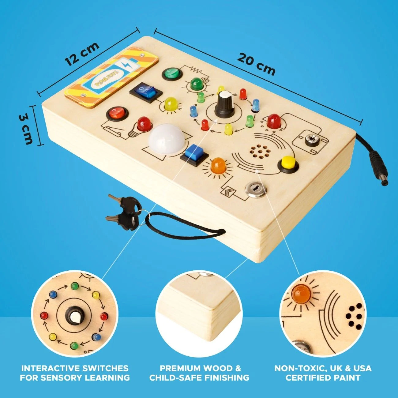 Light Lab busy board with key switch and multicolour LED wheel