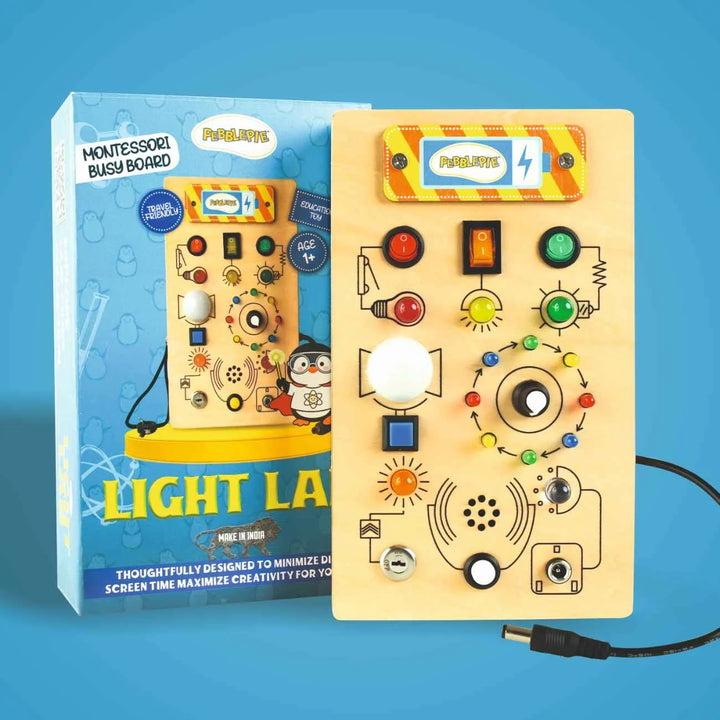 Montessori Light Lab wooden busy board with LED lights