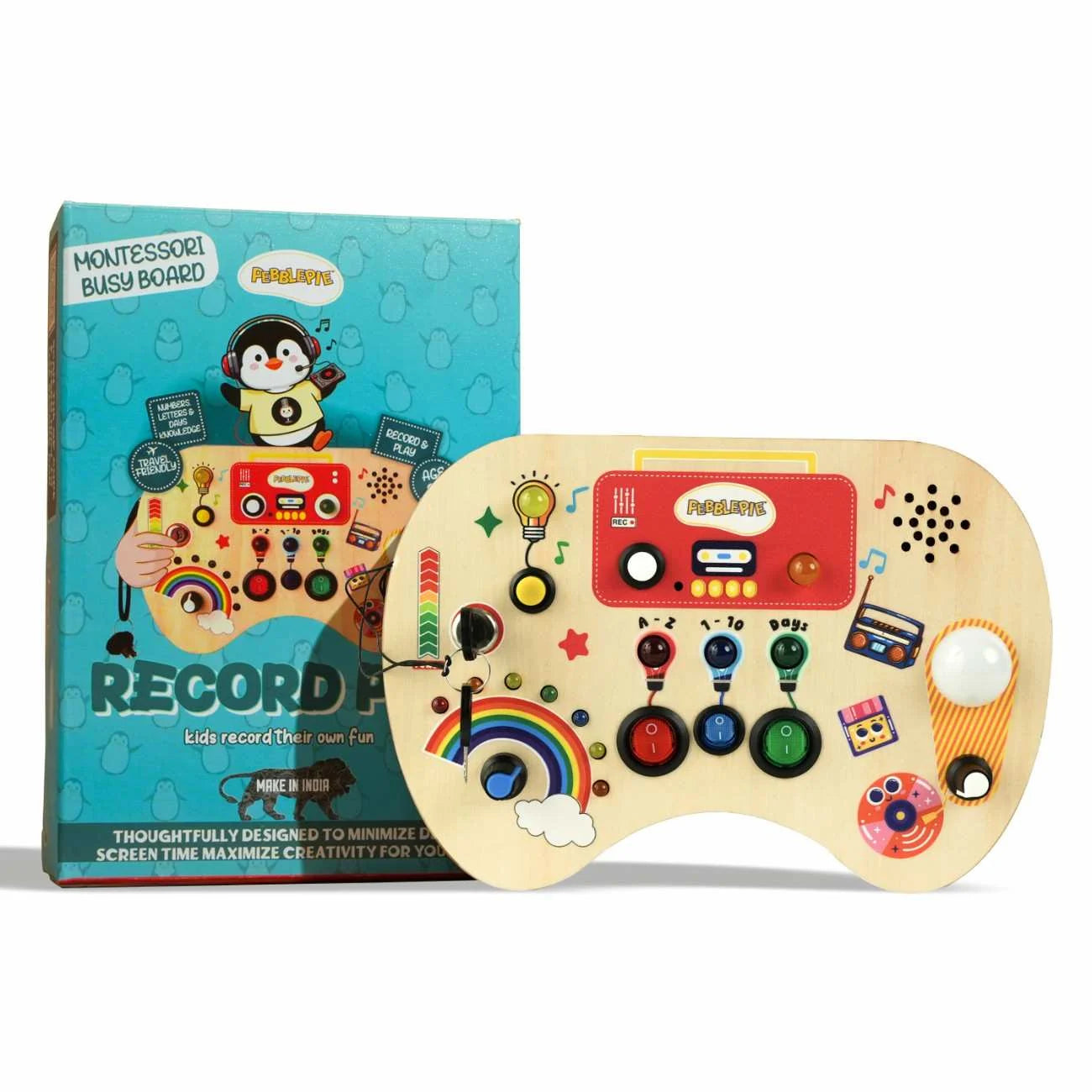 Montessori Record Pod wooden sensory busy board for kids with packaging box – screen free learning toy