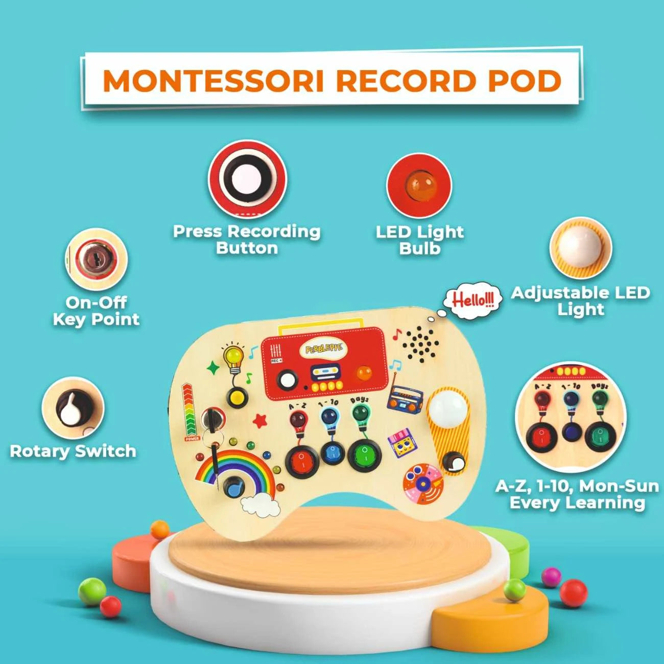 Montessori Record Pod educational busy board with LED light, recording feature and sensory switches for toddlers