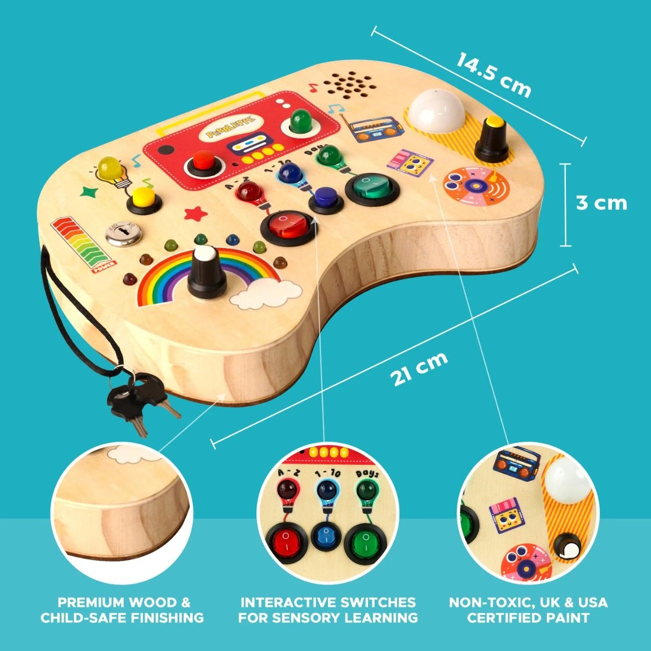 Montessori Record Pod busy board features including recording button, LED light, rotary switch and A-Z learning buttons