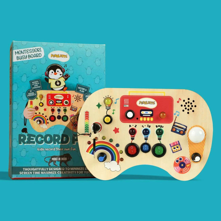 Montessori Record Pod wooden busy board with LED lights, recording buttons and interactive switches