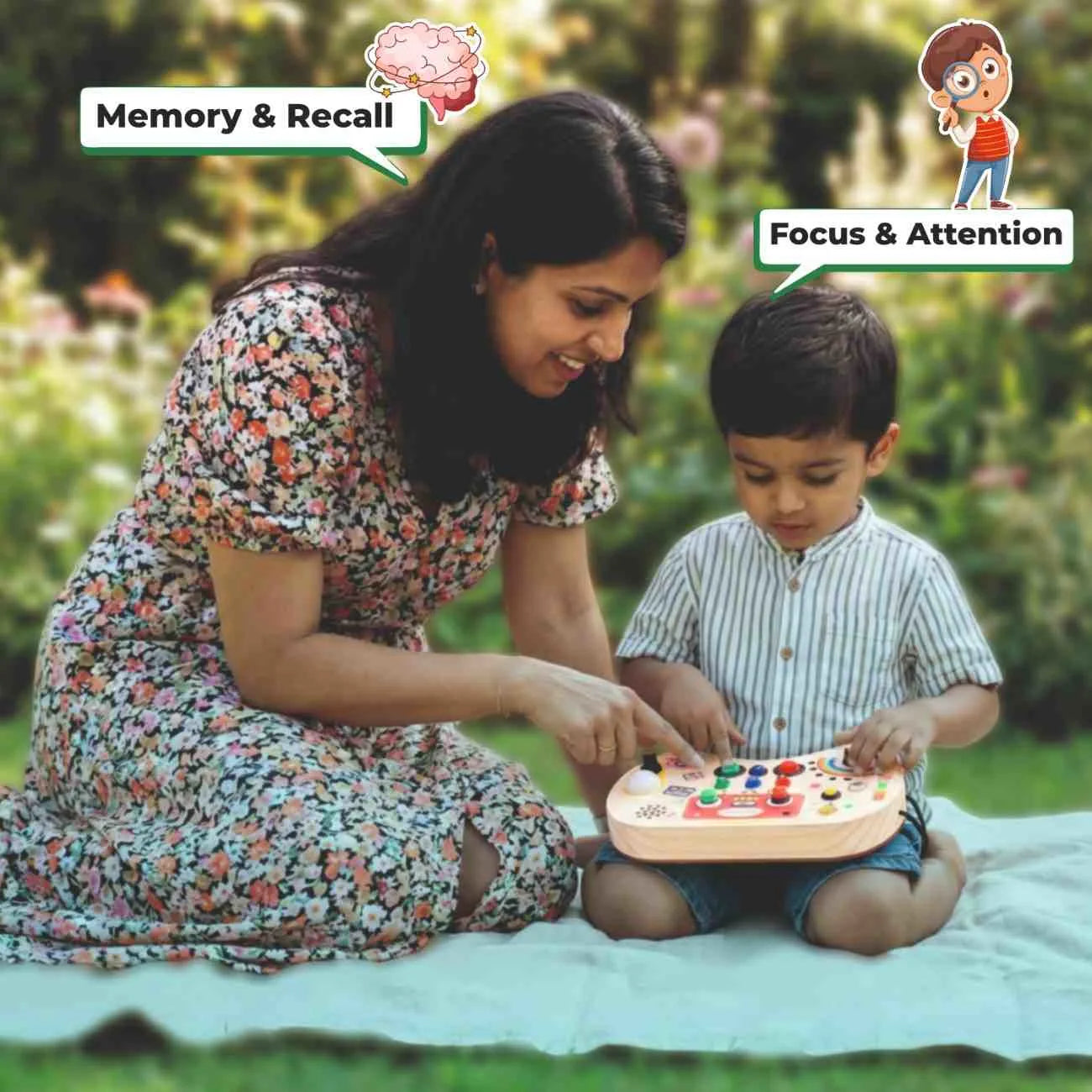 Mother and child playing with Montessori Record Pod busy board to improve focus, memory and attention skills