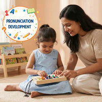 Parent teaching child with wooden phonics sound board