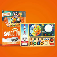 Space Pilot Montessori busy board with solar system dial, rocket launcher switch and LED light display