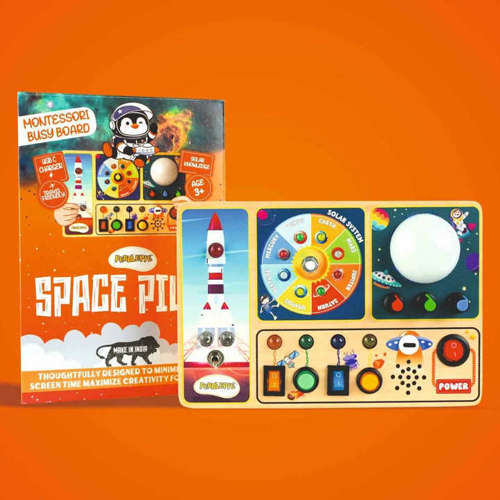 Space Pilot Montessori busy board with solar system dial, rocket launcher switch and LED light display