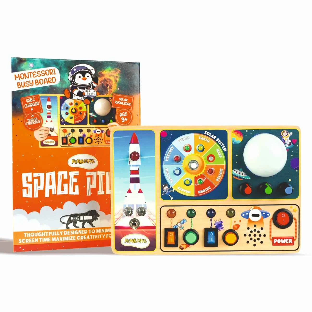 Space Pilot Montessori busy board with packaging box featuring rocket theme and interactive learning switches