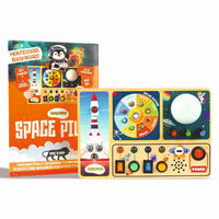Space Pilot Montessori busy board with packaging box featuring rocket theme and interactive learning switches