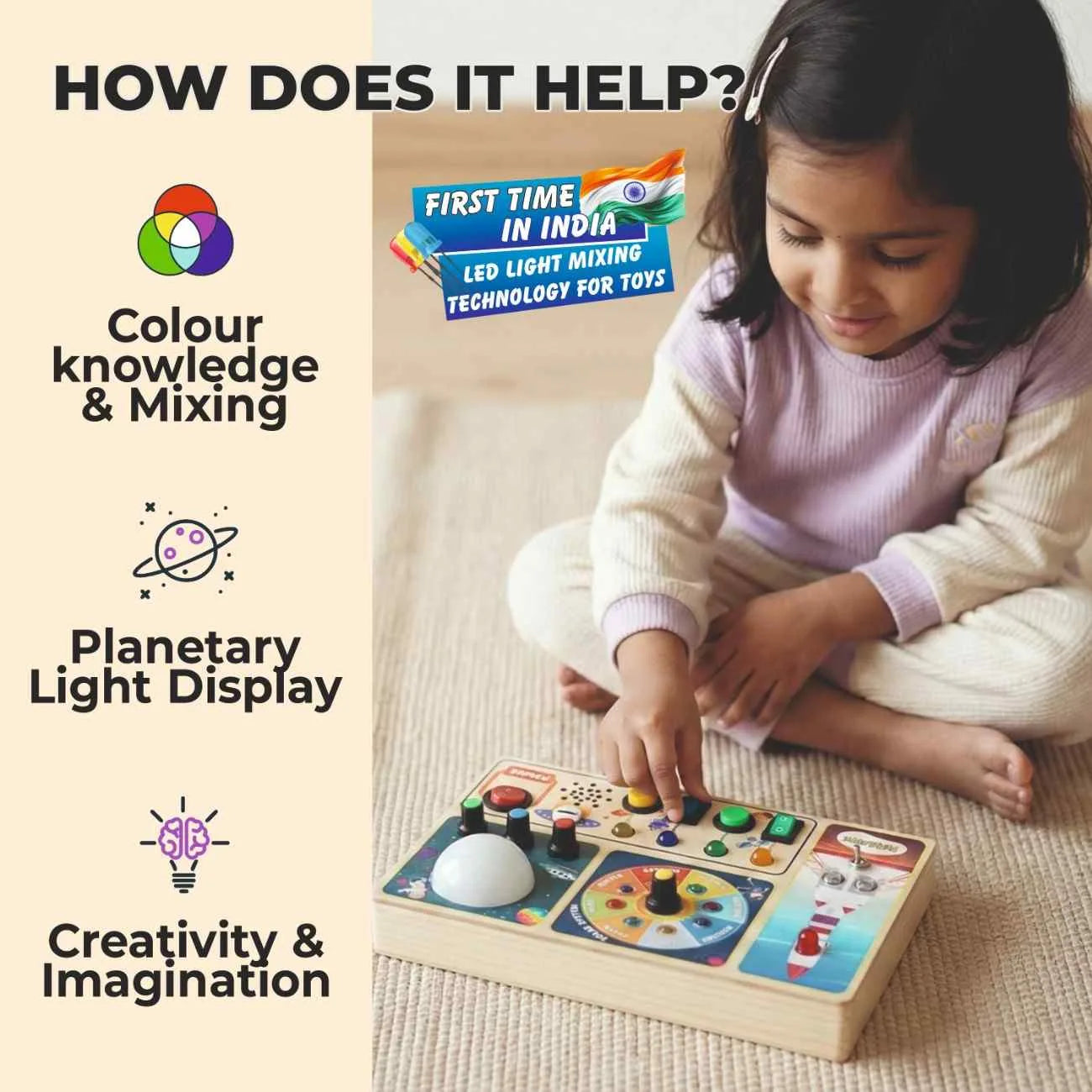 Child playing with Space Pilot Montessori busy board exploring planetary light display and colour mixing switches