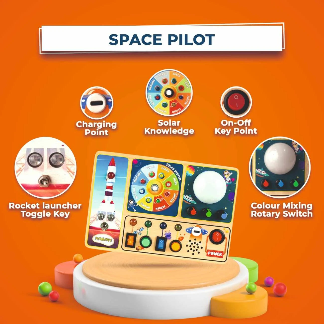 Wooden Space Pilot Montessori busy board with rocket launcher toggle, solar system learning dial and LED light module