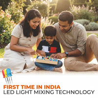 Parents and child learning together using Space Pilot Montessori busy board with LED light mixing technology