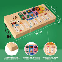 Phonics learning board with toggle switch and animal sound buttons