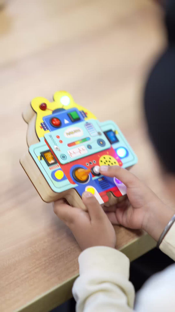 Robot Busy Board for Kids | LED Record & Play Learning Toy | Montessori Screen-Free Educational Toy (3+ Years) PebblePie
