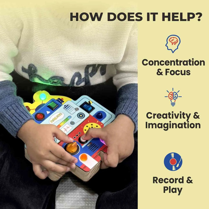 Child using Robot Buzz Montessori busy board toy for sensory play