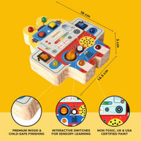 Montessori robot busy board with rocker switch, square button and LED light bulb