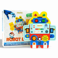 Robot Buzz Montessori busy board toy with product packaging box