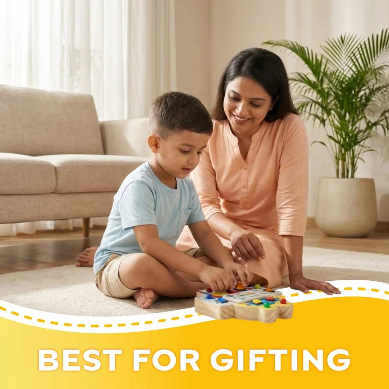 Mother and child playing with Robot Buzz Montessori busy board toy at home