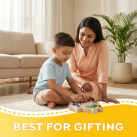Mother and child playing with Robot Buzz Montessori busy board toy at home