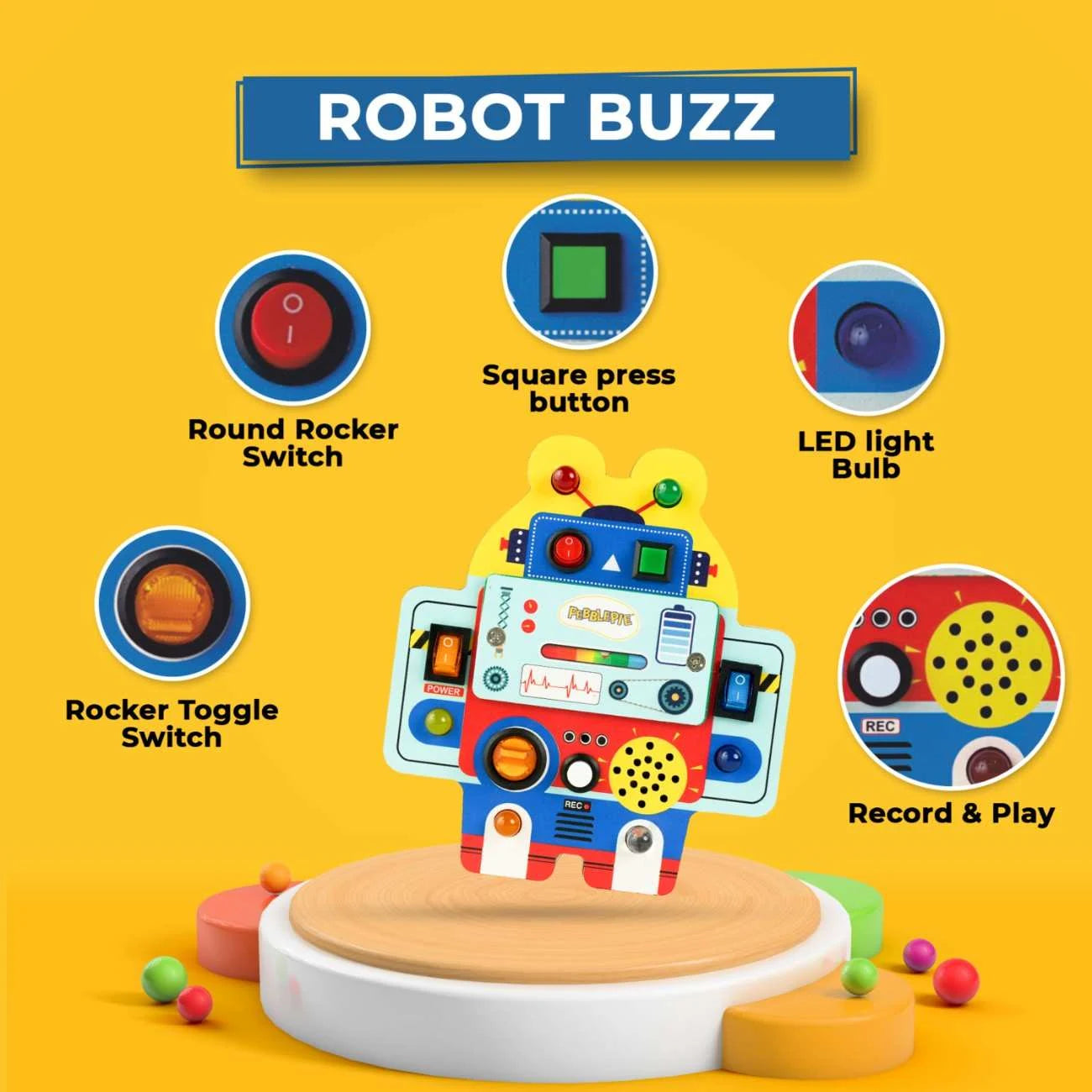 Robot Buzz wooden sensory busy board toy with lights and switches