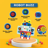 Robot Buzz wooden sensory busy board toy with lights and switches
