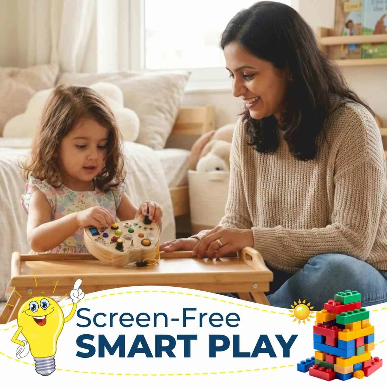 Toddler using screen-free wooden sensory board with parent