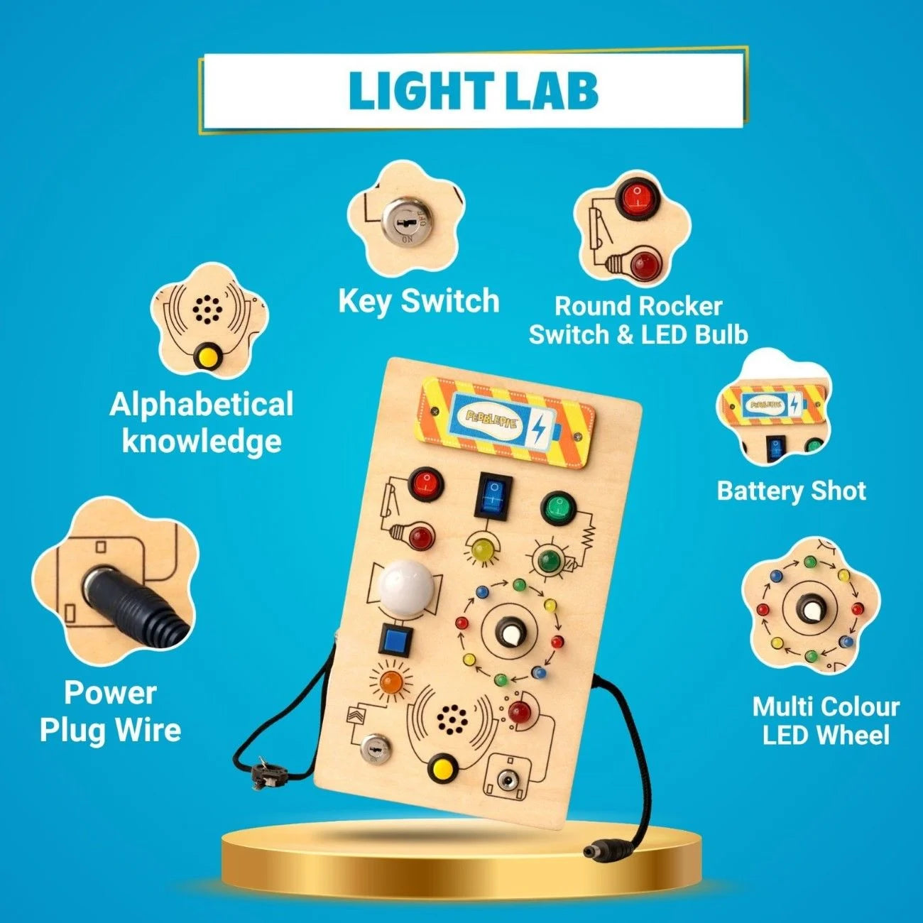 Wooden sensory activity board with switches and lights