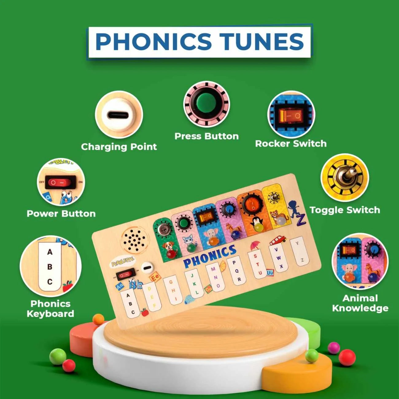 Wooden phonics activity board with alphabet keys